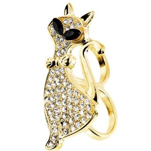 Elegant Gold Toned Crystalline Fashion Feline Double Finger Ring Size 7-8